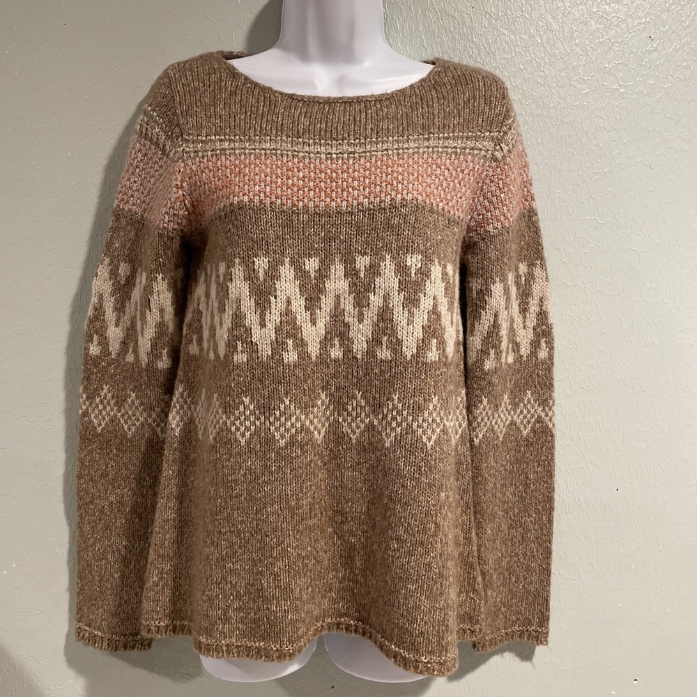 Zara Knit Womens Made Fair Isle Wool Blend Sweater Nordic‎ Tan Camel Brown M